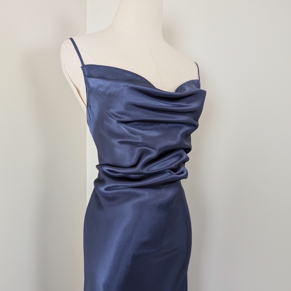90s Navy Maxi Satin Slip Cowl Neckline Spaghetti Straps Floor Length Open Back - Picture 5 of 14